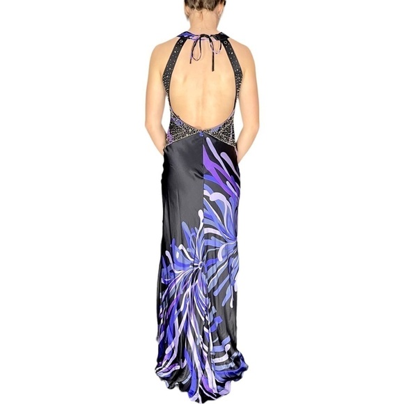 SUE WONG Y2K SILK PLUNGE HALTER STUDDED FLORAL SEXY CUTOUT FORMAL GOWN DRESS - Picture 4 of 16